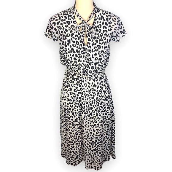 Express White Leopard Animal Print Midi Work Flutter Sleeve Dress size Small - Picture 1 of 16